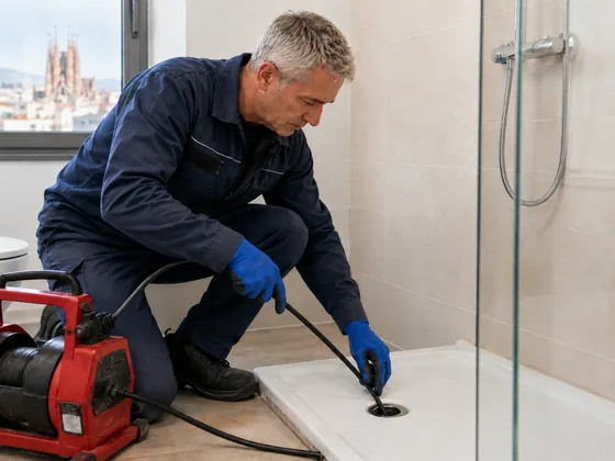 Técnico de Lampistas realizando un desatasco de ducha en Les Corts, Barcelona