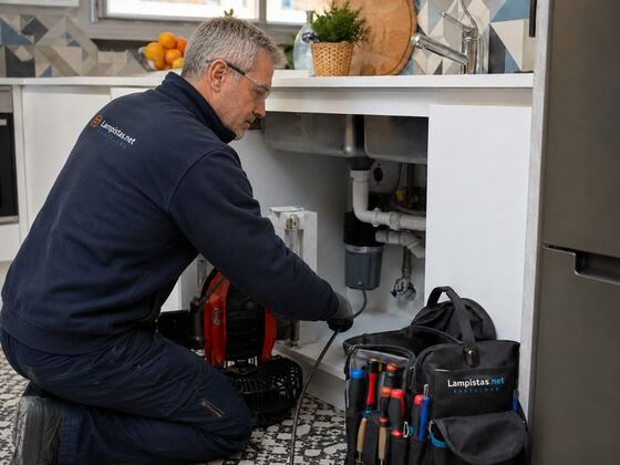 Técnico de Lampistas realizando un desatasco de fregadero en Les Corts, Barcelona