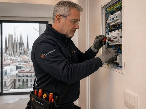 Electricista de Lampistas trabajando en un cuadro eléctrico en Les Corts, Barcelona