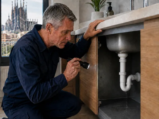 Fontanero de Lampistas revisando una fuga de agua bajo un fregadero en Barcelona